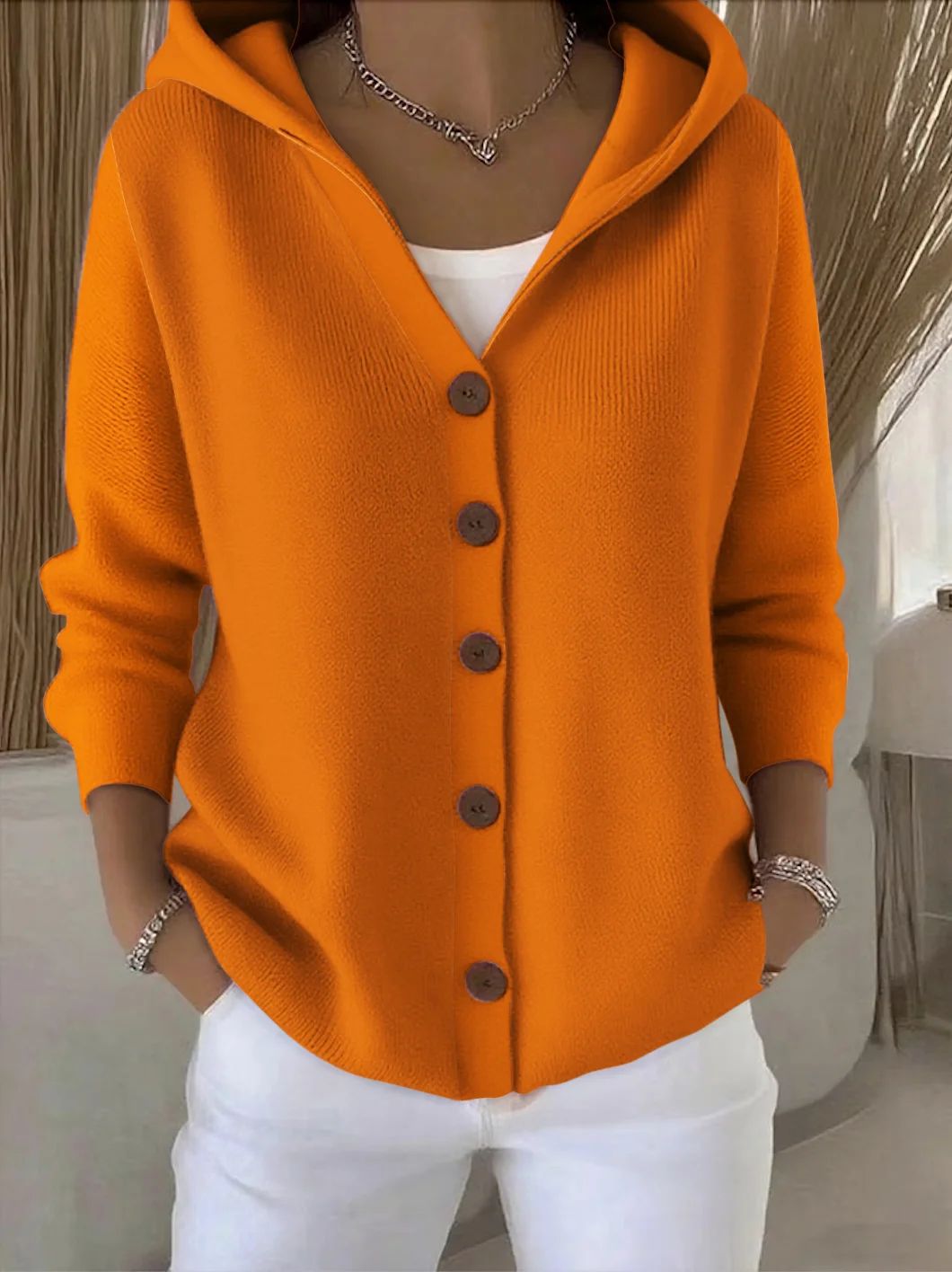 Suéter con capucha Ins Botón Moda Otoño e Invierno Cárdigan de punto Casual Commuter Top de Manga Larga Ropa de Mujer