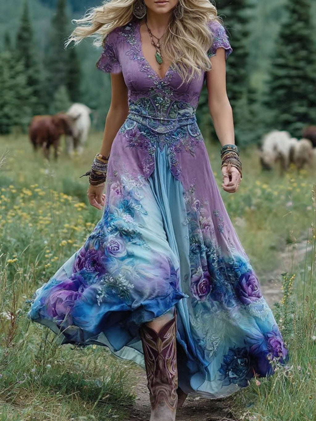 Serena™ | Vestido Maxi Corto Floral Lavanda con Toque Sofisticado