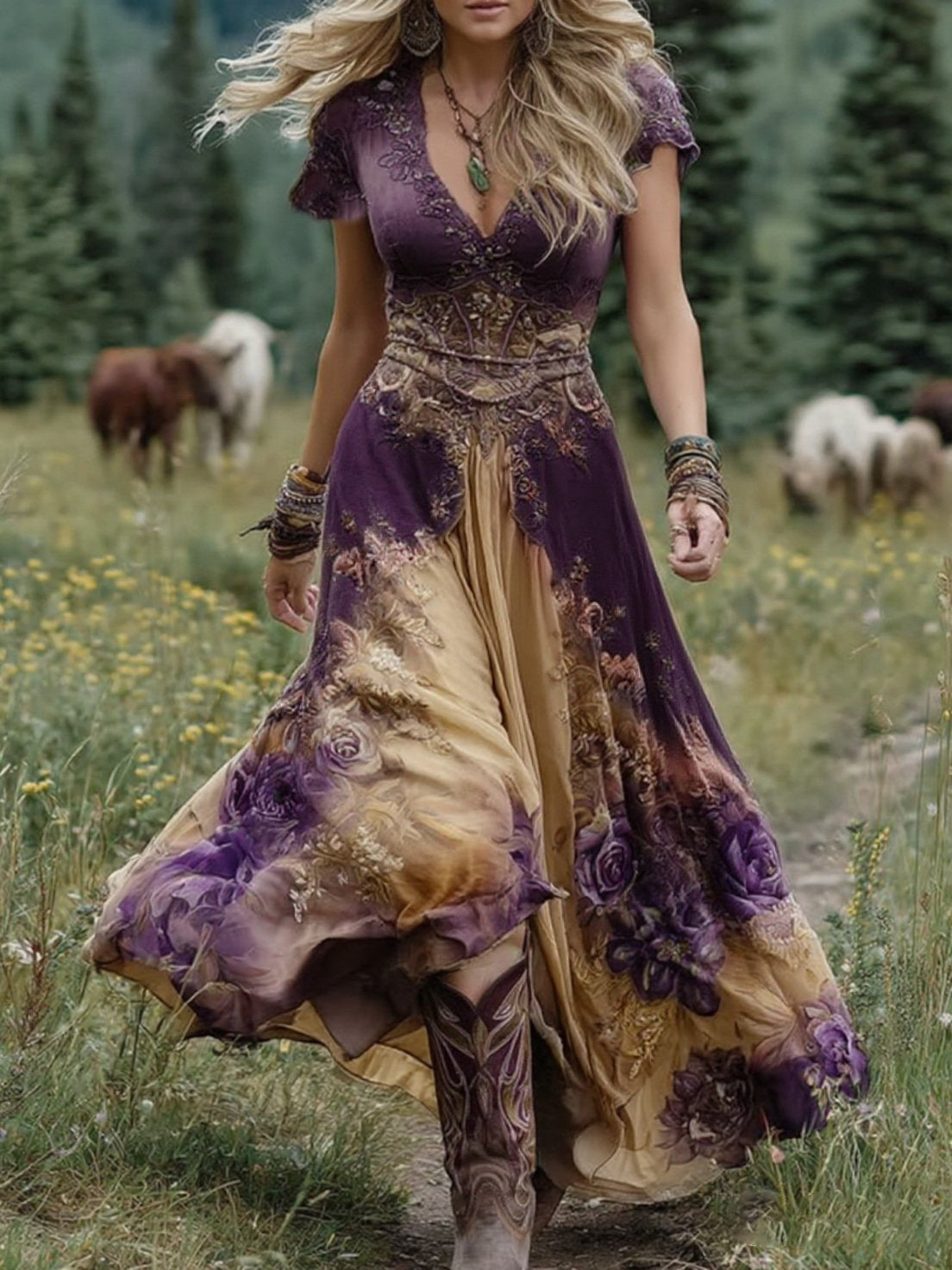 Serena™ | Vestido Maxi Corto Floral Lavanda con Toque Sofisticado