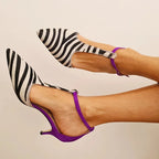 Savana™ | Zapatos de tacón alto con patrón de cebra, tacón morado y tira en el tobillo