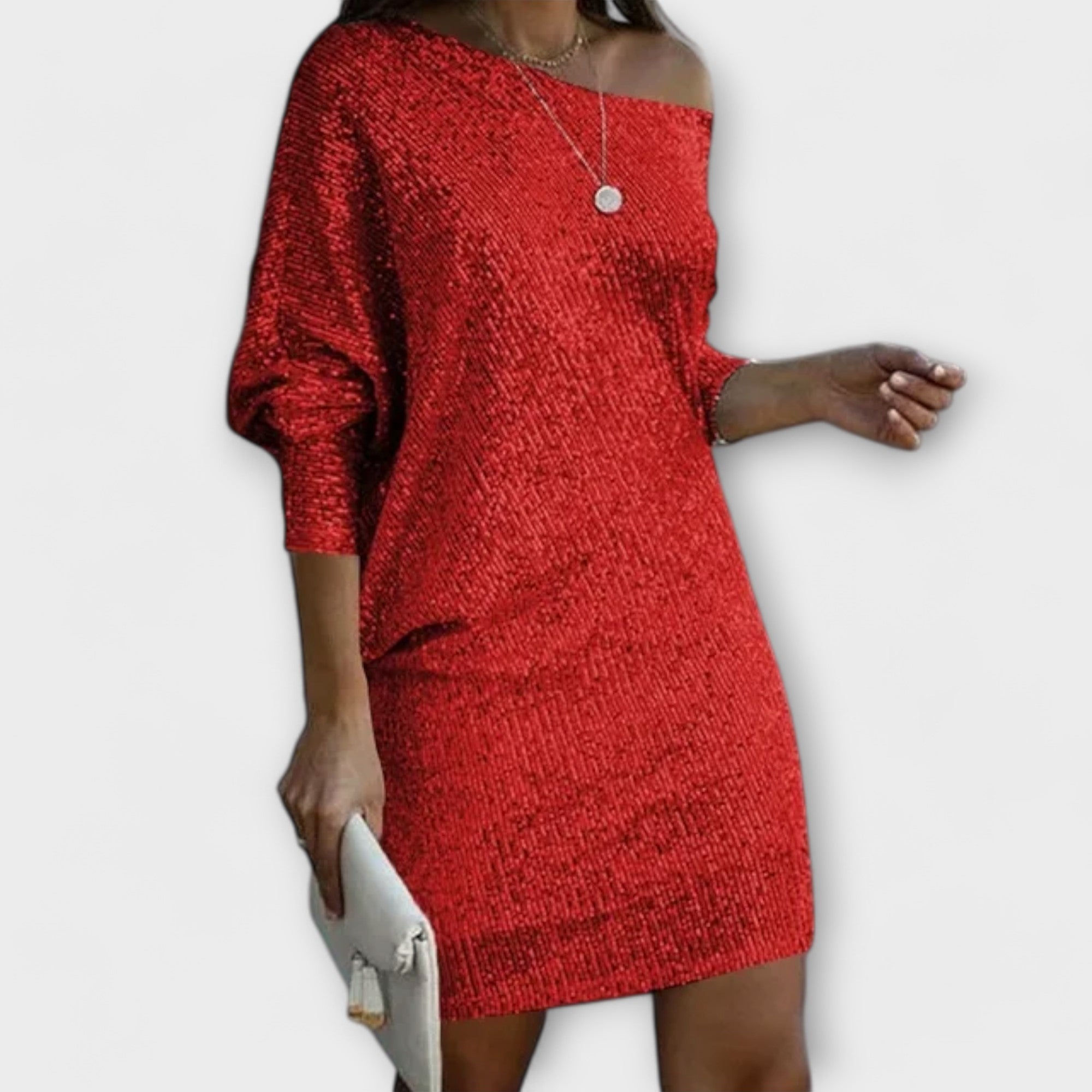 Vestido de fiesta con lentejuelas y contraste