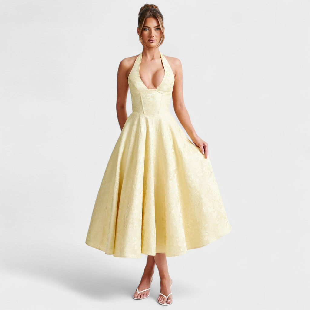 Halina™ | Vestido midi con corsé y volantes