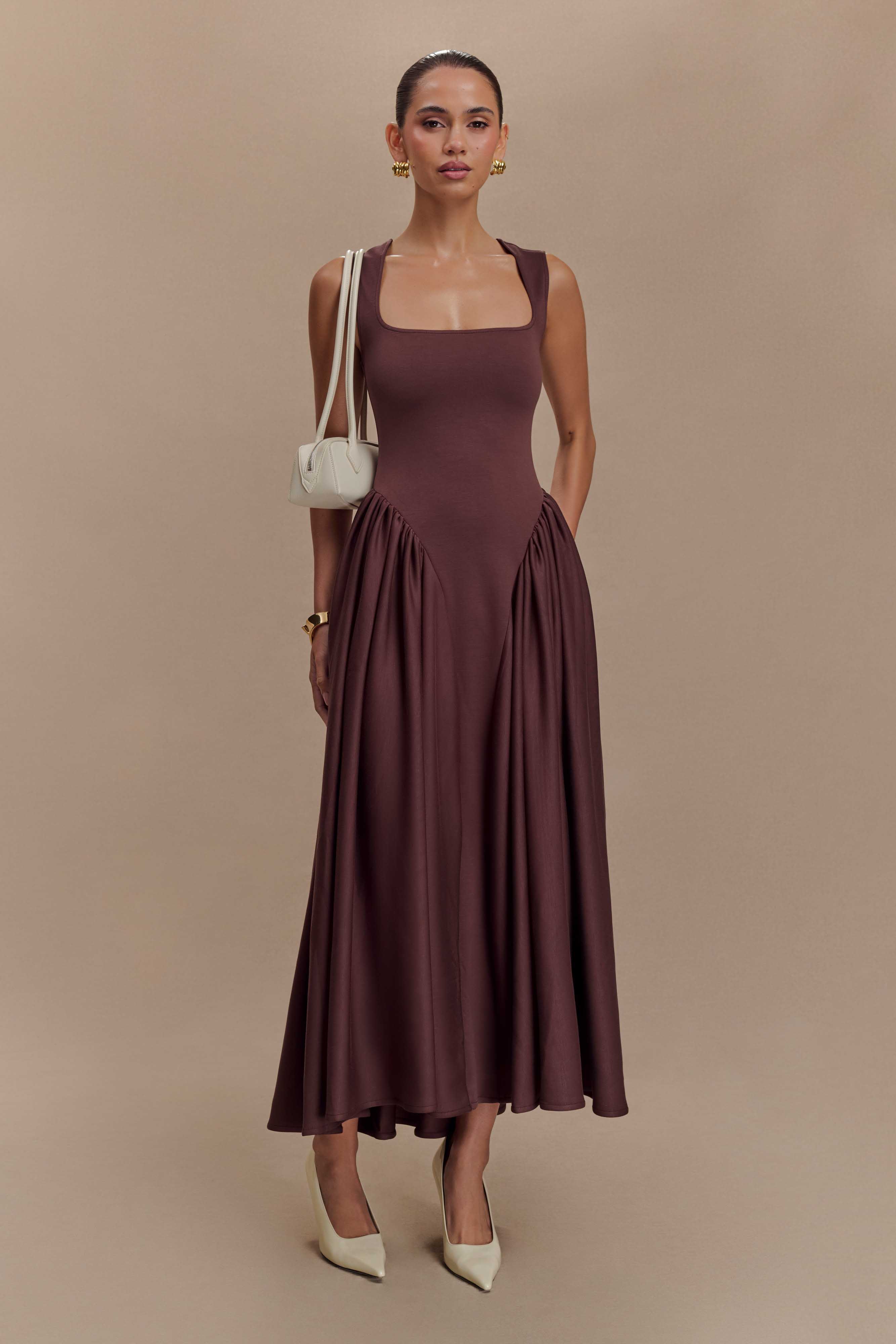 Sharon™ | Vestido midi de punto espagueti - Marrón cacao
