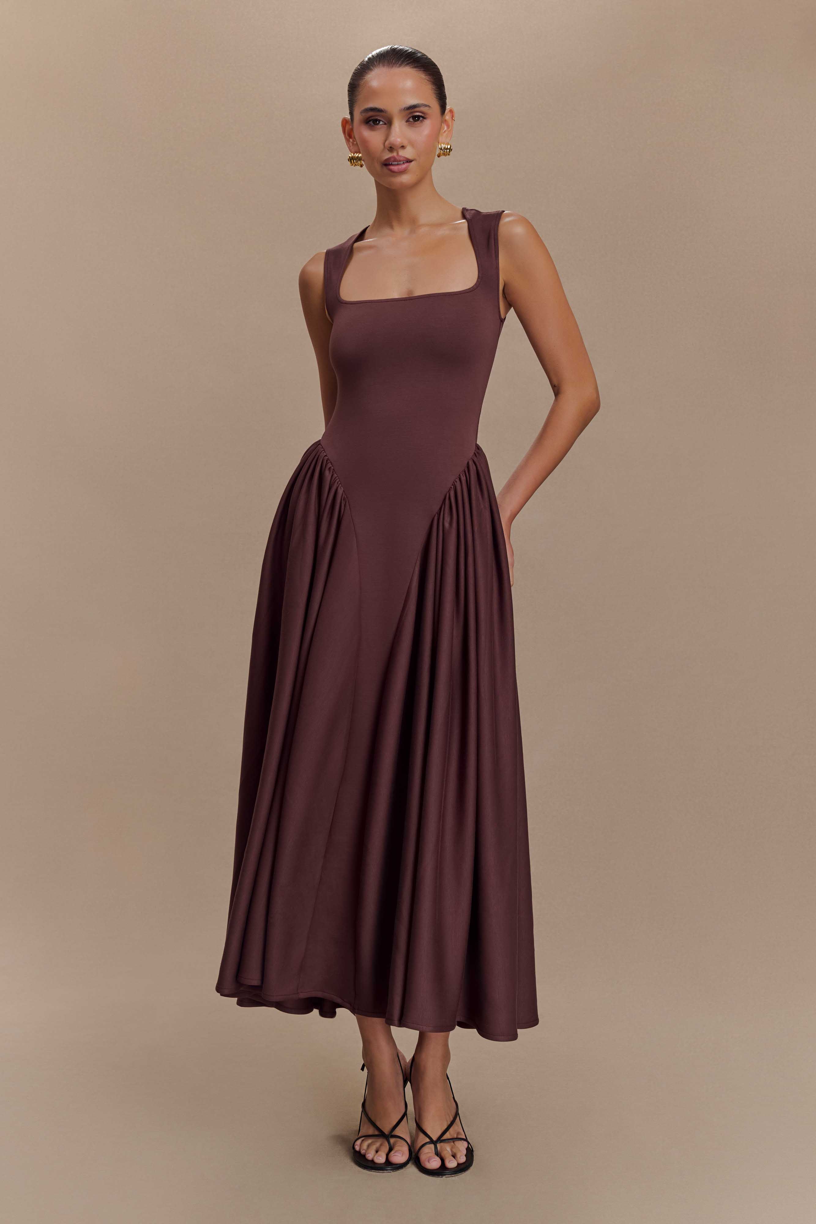 Sharon™ | Vestido midi de punto espagueti - Marrón cacao