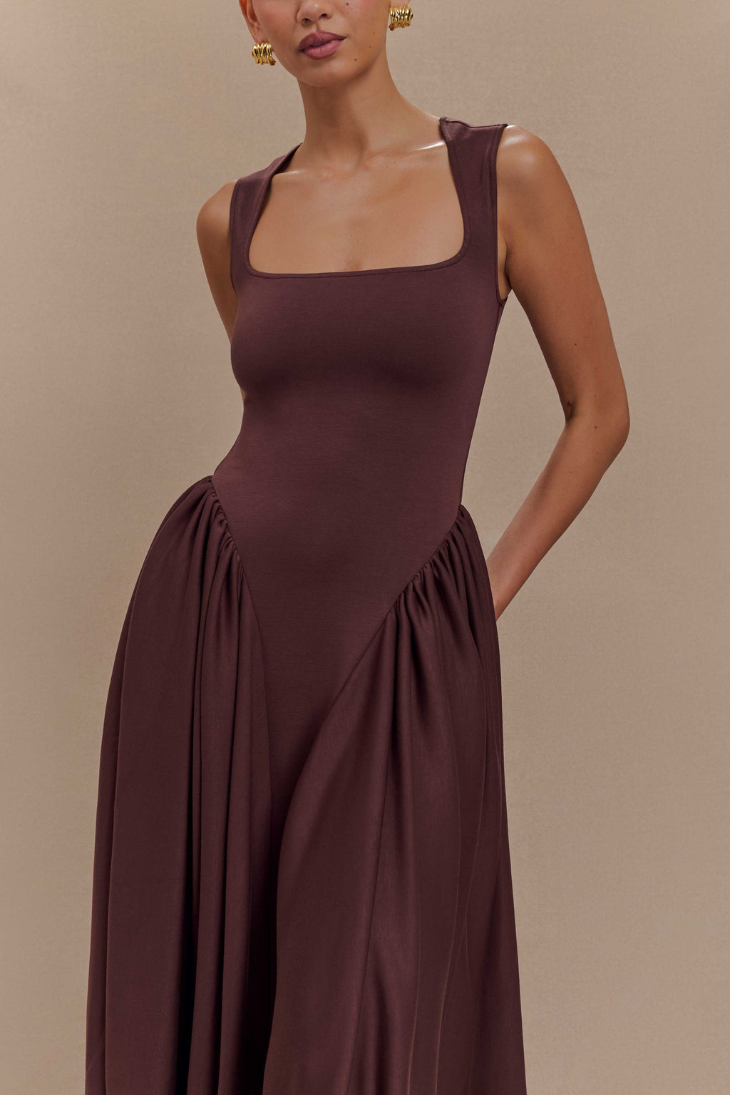 Sharon™ | Vestido midi de punto espagueti - Marrón cacao