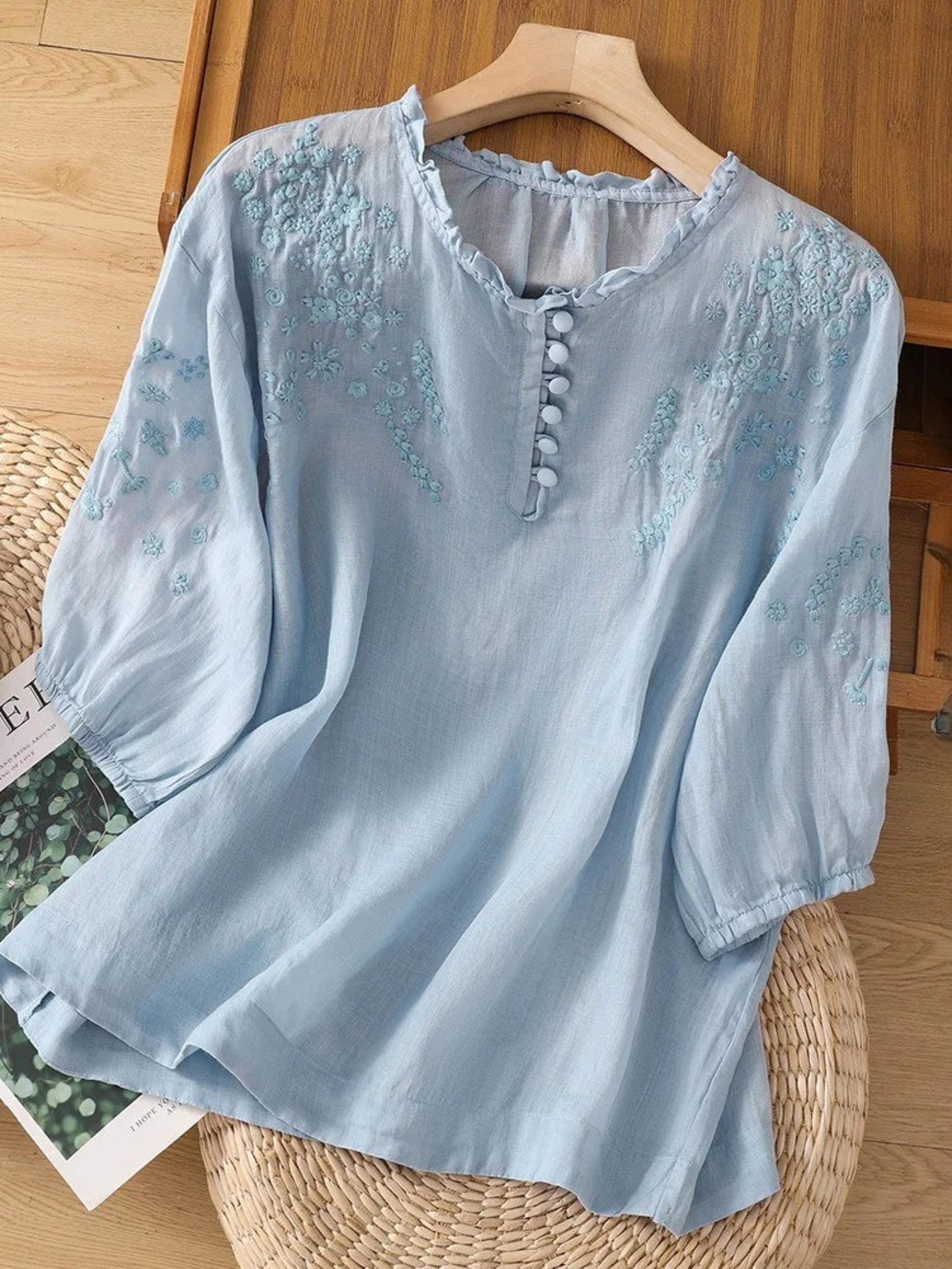 Kissina™ | Blusa de Algodón y Lino Bordada
