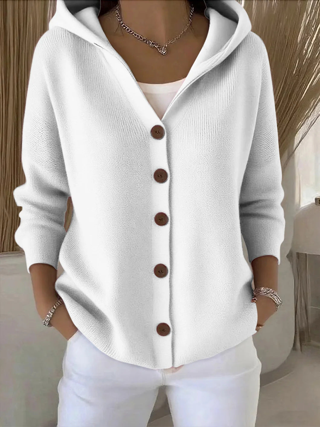 Suéter con capucha Ins Botón Moda Otoño e Invierno Cárdigan de punto Casual Commuter Top de Manga Larga Ropa de Mujer