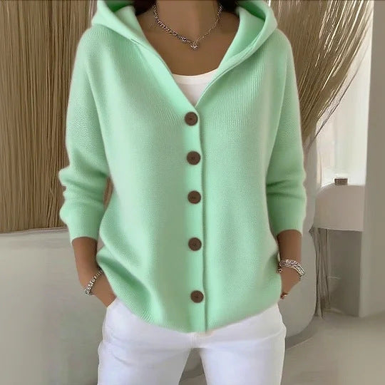 Suéter con capucha Ins Botón Moda Otoño e Invierno Cárdigan de punto Casual Commuter Top de Manga Larga Ropa de Mujer