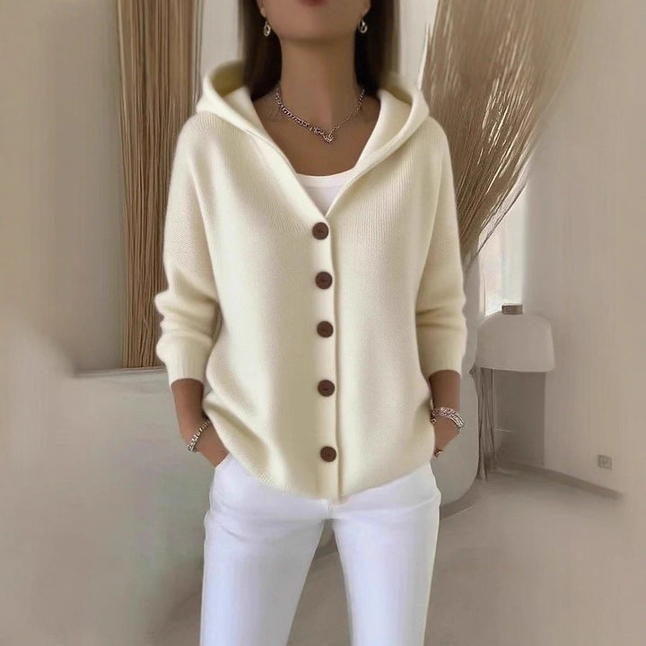 Suéter con capucha Ins Botón Moda Otoño e Invierno Cárdigan de punto Casual Commuter Top de Manga Larga Ropa de Mujer