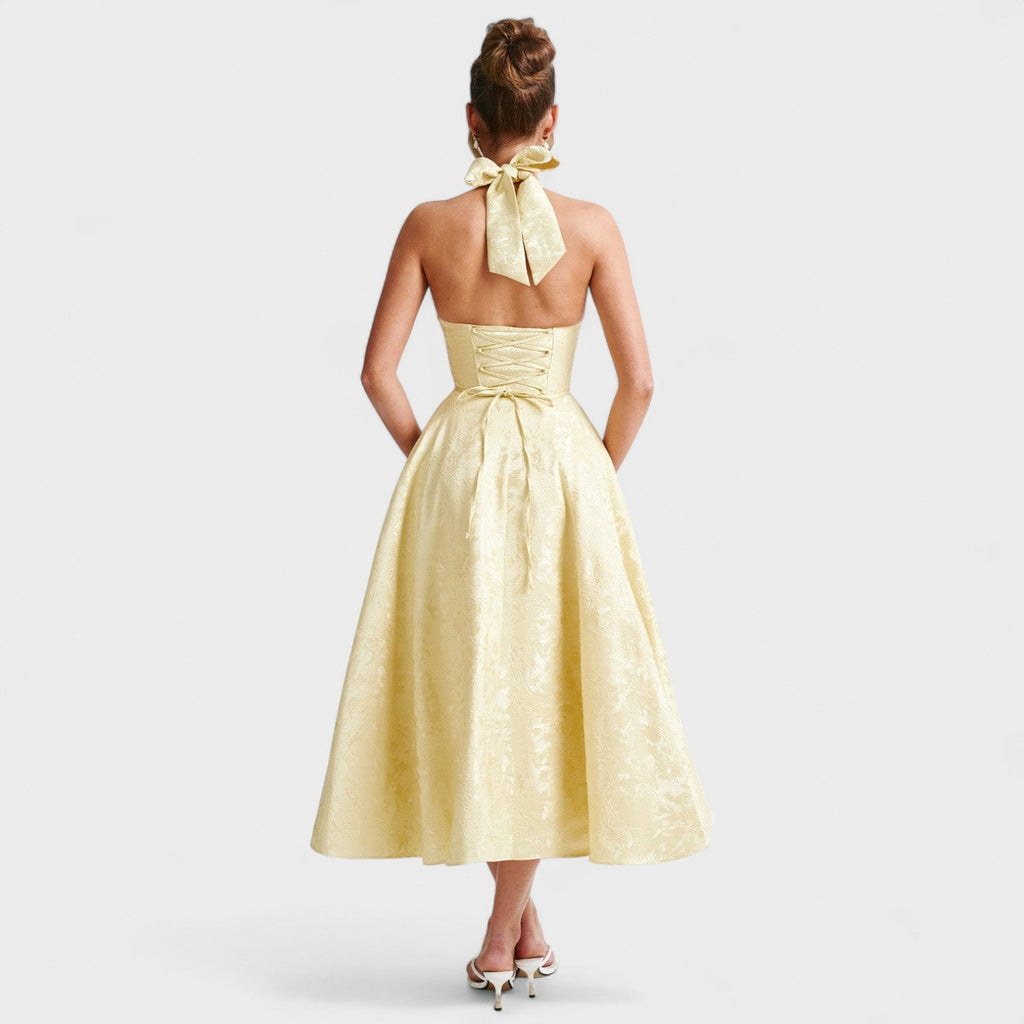 Halina™ | Vestido midi con corsé y volantes