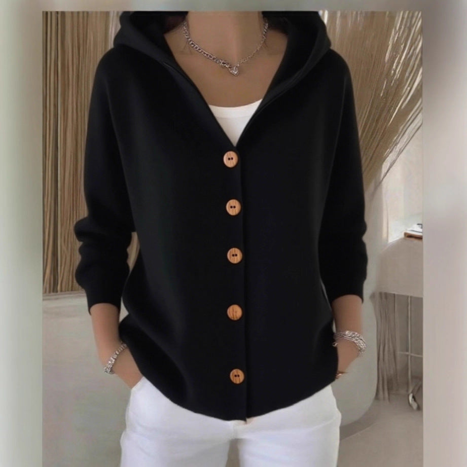 Suéter con capucha Ins Botón Moda Otoño e Invierno Cárdigan de punto Casual Commuter Top de Manga Larga Ropa de Mujer