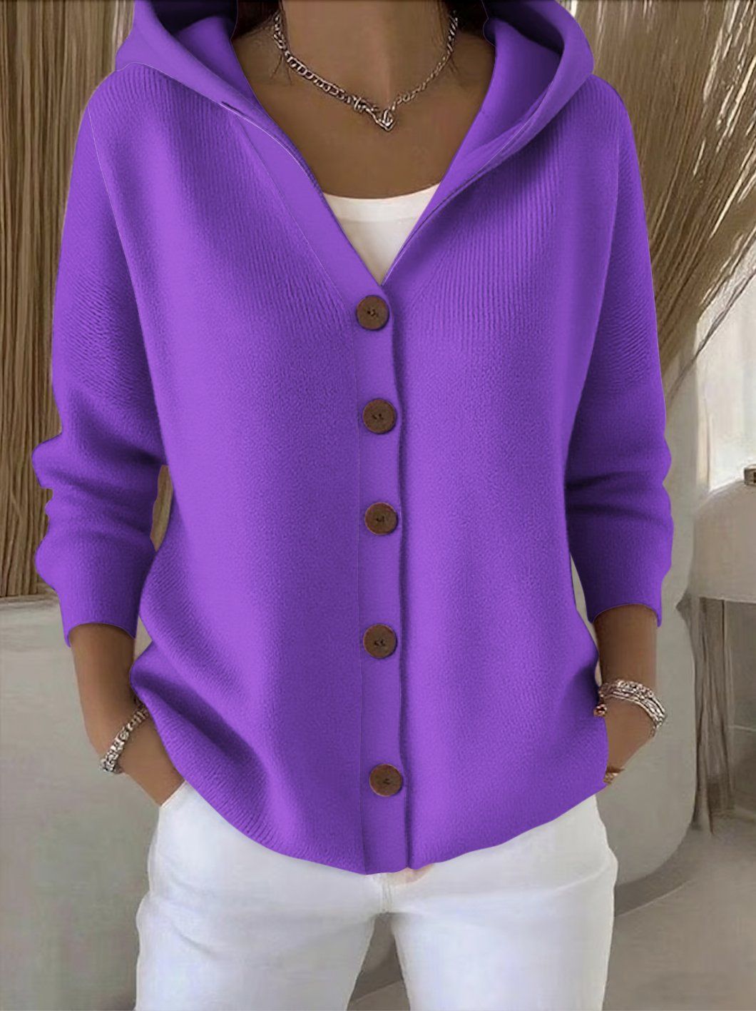 Suéter con capucha Ins Botón Moda Otoño e Invierno Cárdigan de punto Casual Commuter Top de Manga Larga Ropa de Mujer