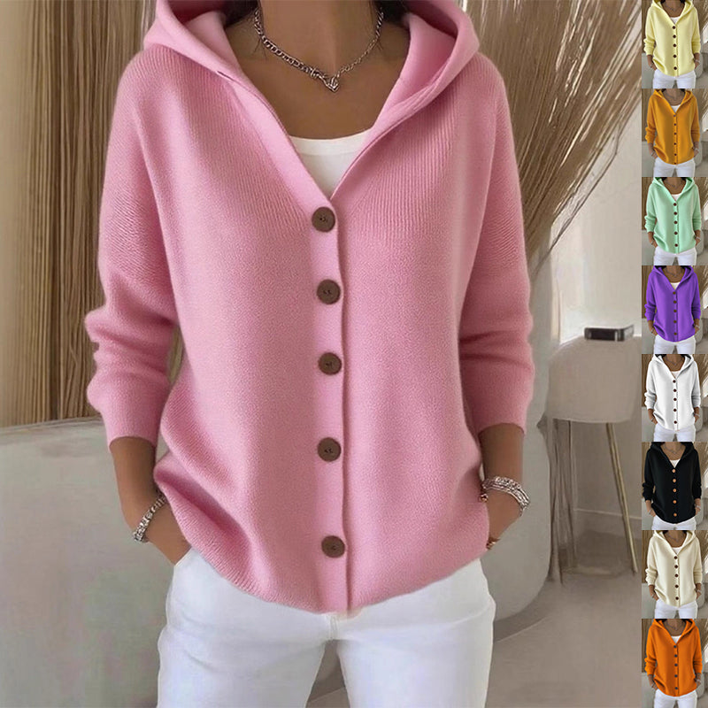 Suéter con capucha Ins Botón Moda Otoño e Invierno Cárdigan de punto Casual Commuter Top de Manga Larga Ropa de Mujer