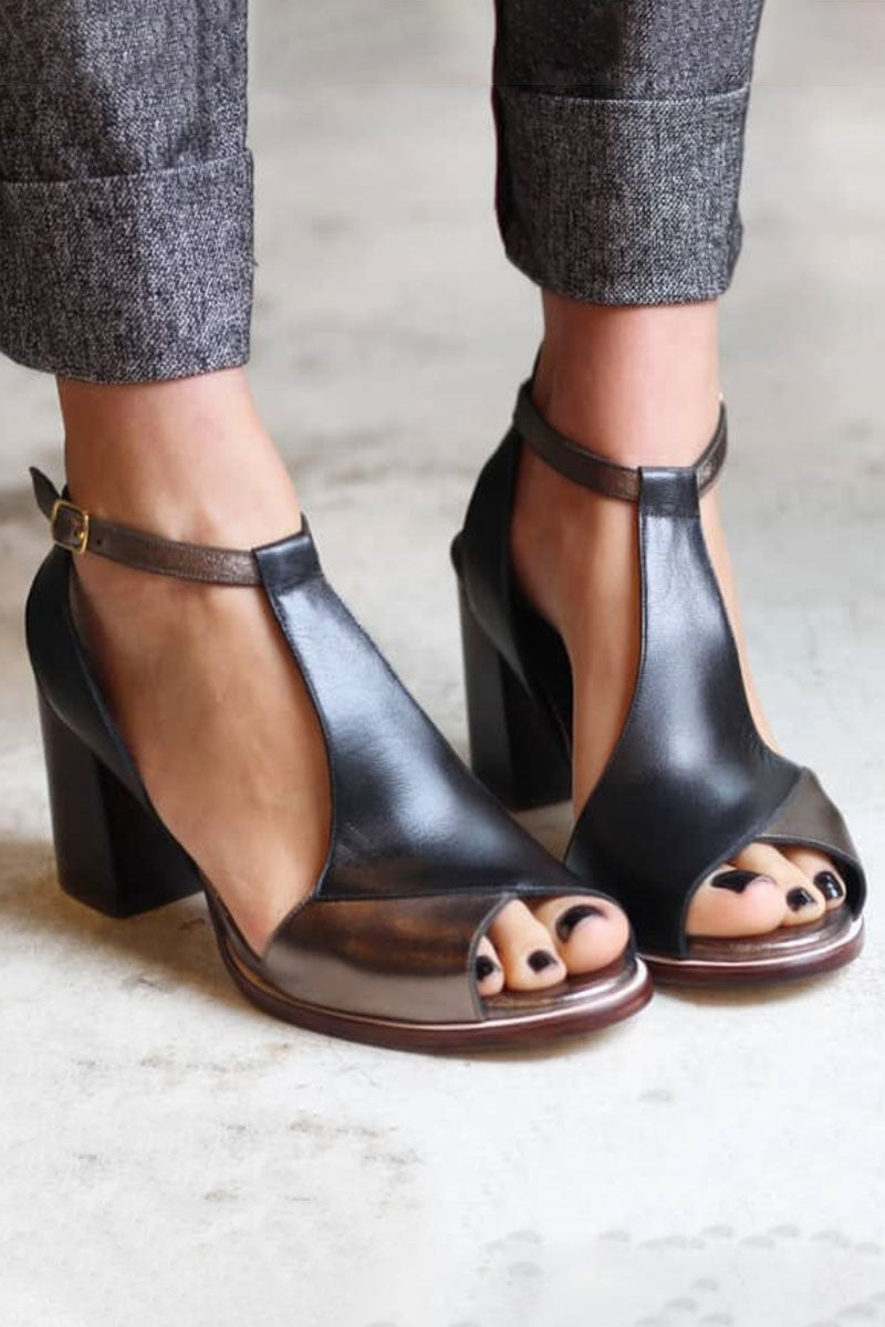 Nadaria™ | Sandalias negras con tacón alto y puntera abierta en patchwork