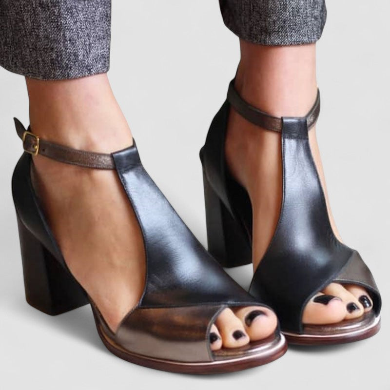 Nadaria™ | Sandalias negras con tacón alto y puntera abierta en patchwork