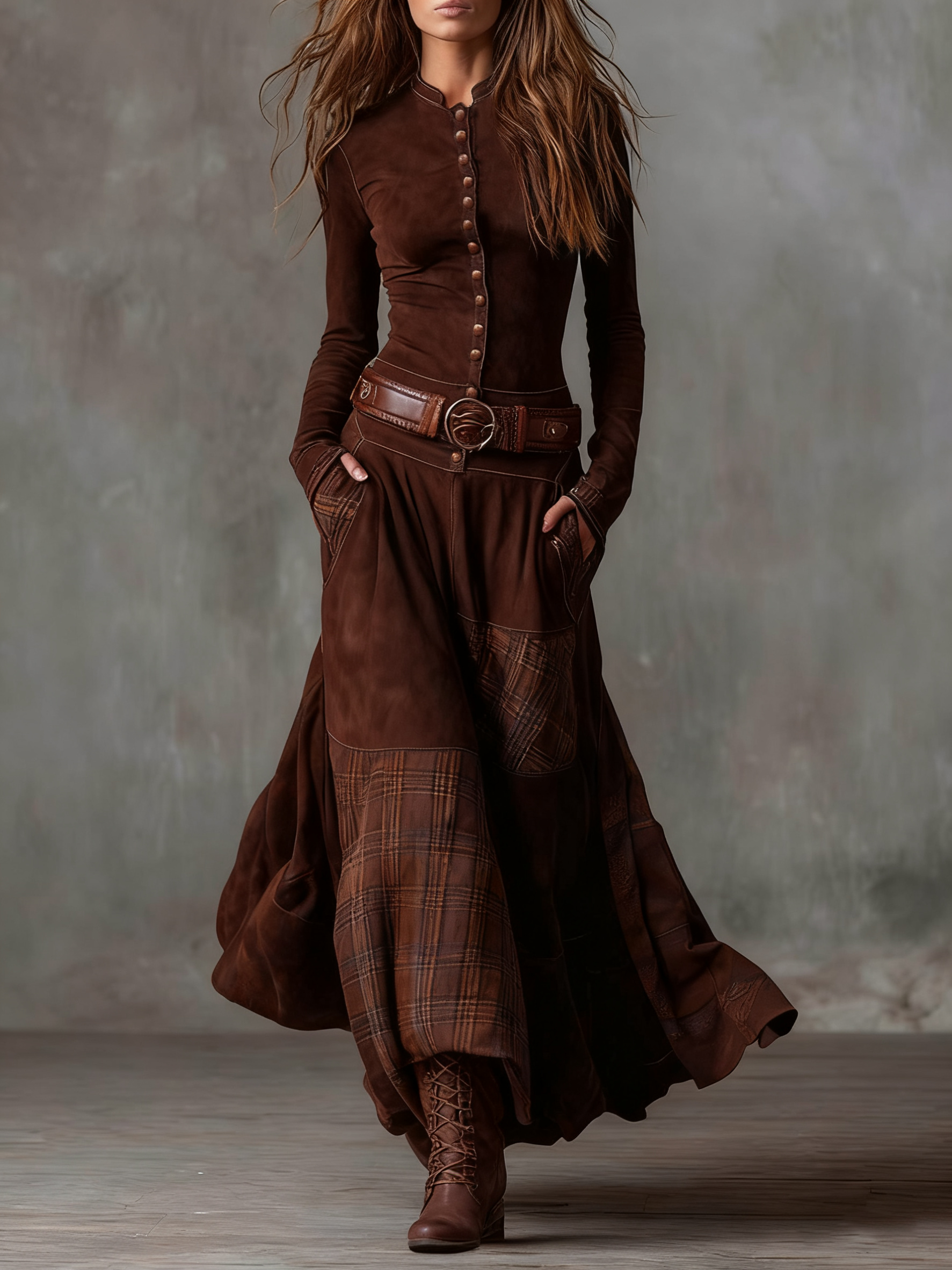 LEONORA™ | Vestido Largo Vintage en Ante Cuadros Azul Marino (Incluye Cinturón)