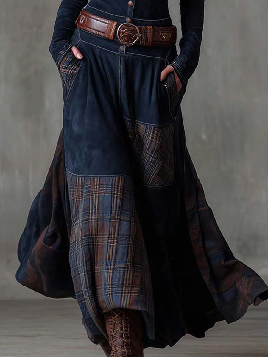 LEONORA™ | Vestido Largo Vintage en Ante Cuadros Azul Marino (Incluye Cinturón)