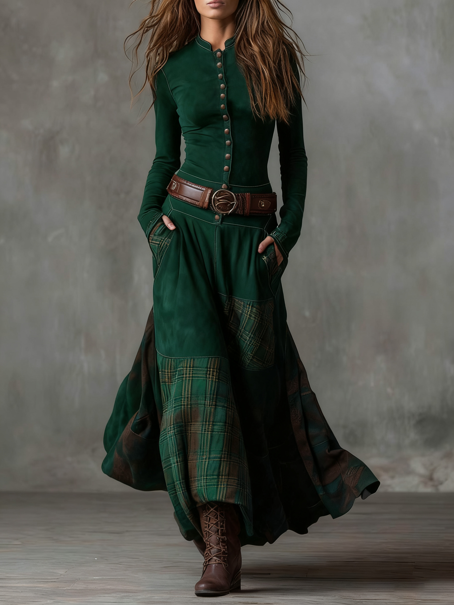 LEONORA™ | Vestido Largo Vintage en Ante Cuadros Azul Marino (Incluye Cinturón)