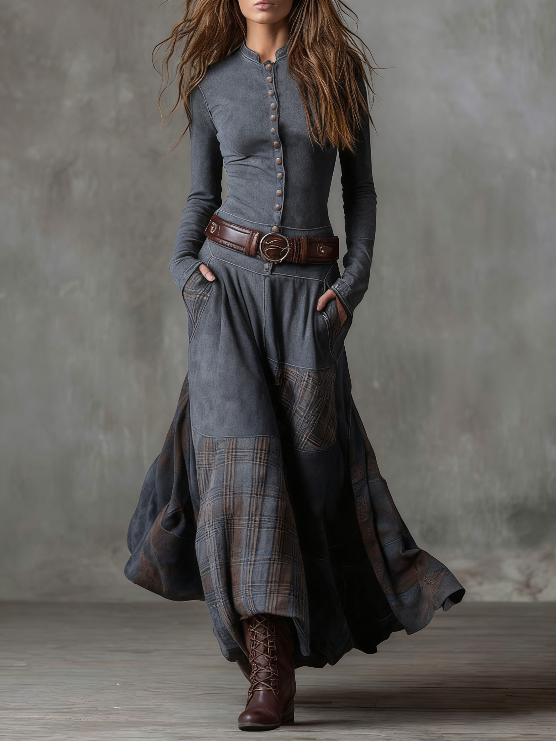 LEONORA™ | Vestido Largo Vintage en Ante Cuadros Azul Marino (Incluye Cinturón)
