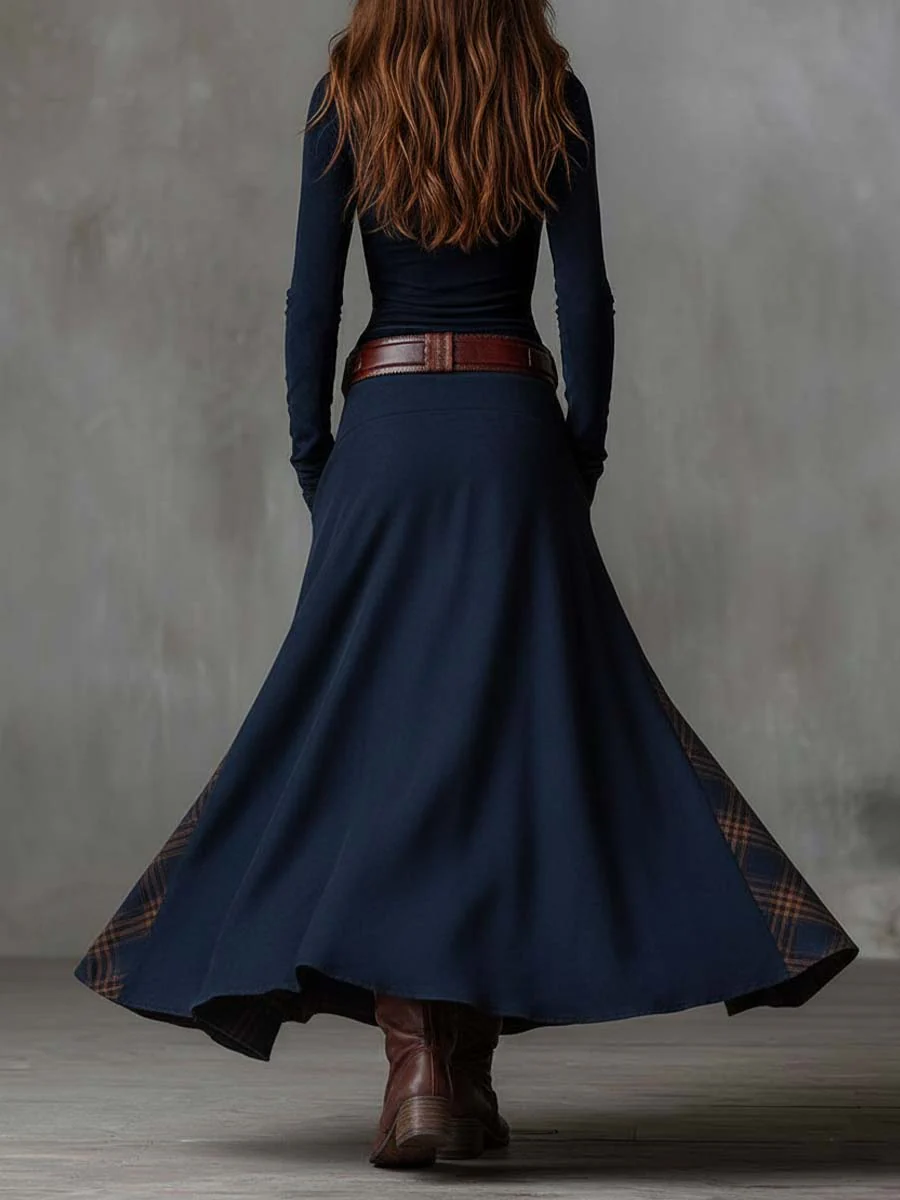 LEONORA™ | Vestido Largo Vintage en Ante Cuadros Azul Marino (Incluye Cinturón)