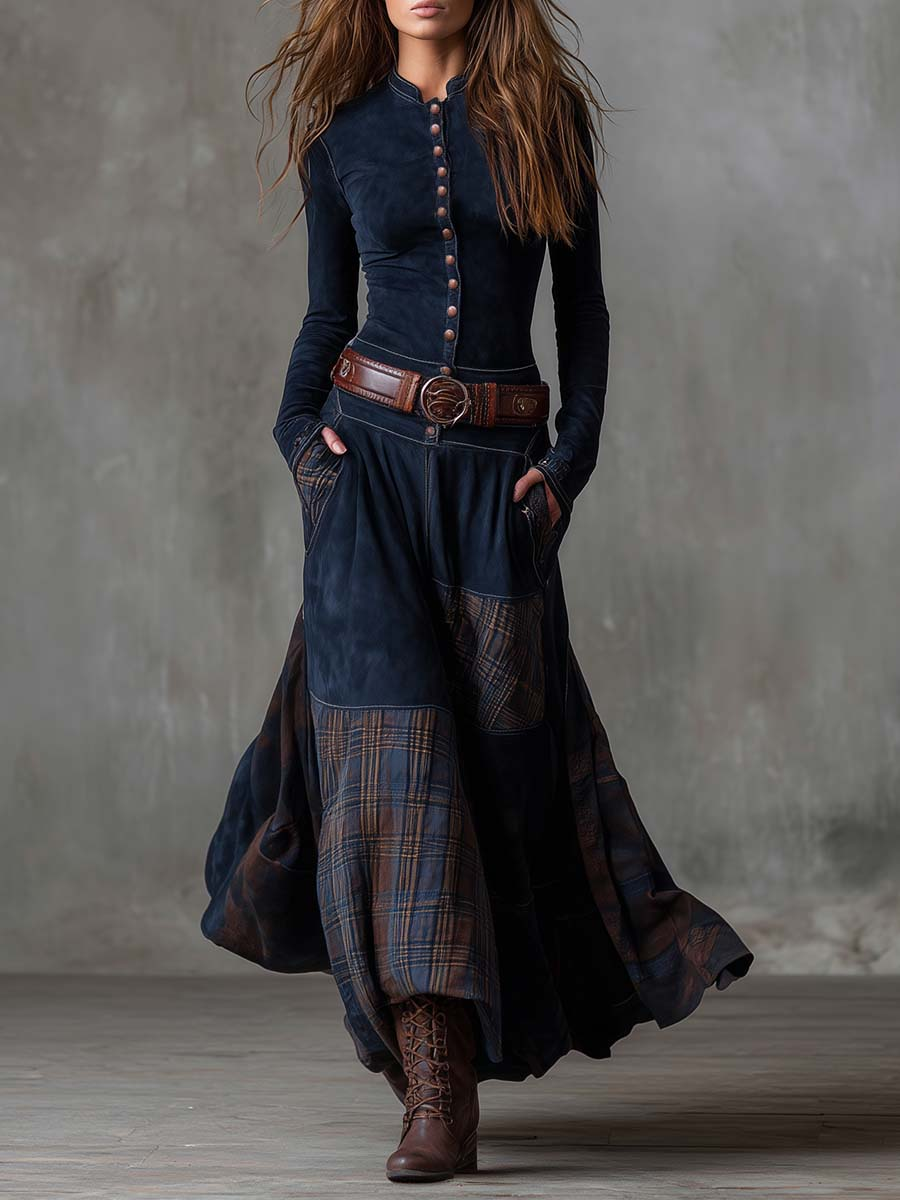 LEONORA™ | Vestido Largo Vintage en Ante Cuadros Azul Marino (Incluye Cinturón)