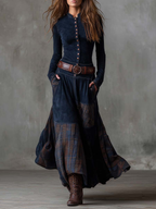 LEONORA™ | Vestido Largo Vintage en Ante Cuadros Azul Marino (Incluye Cinturón)