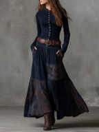 LEONORA™ | Vestido Largo Vintage en Ante Cuadros Azul Marino (Incluye Cinturón)