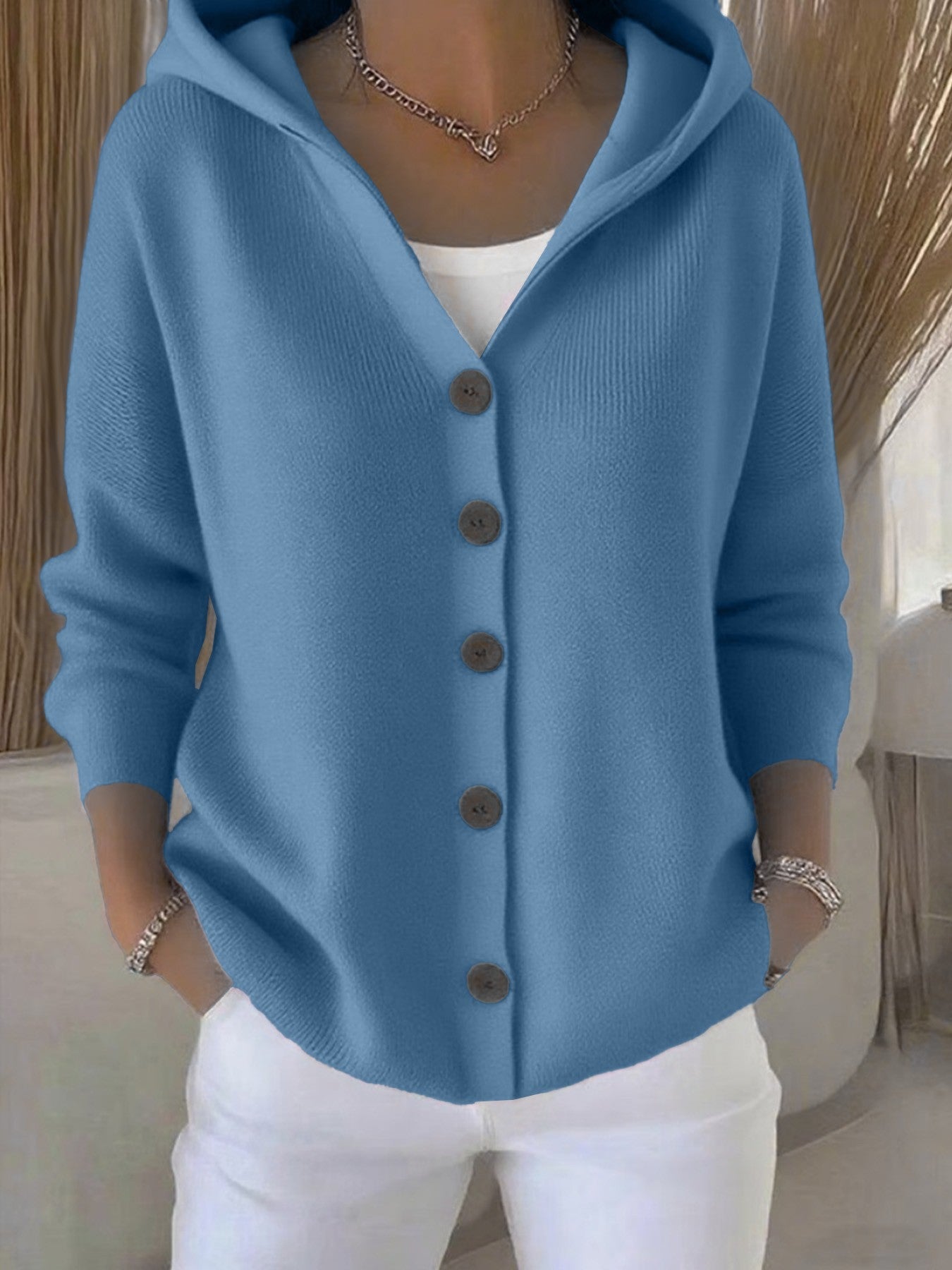 Suéter con capucha Ins Botón Moda Otoño e Invierno Cárdigan de punto Casual Commuter Top de Manga Larga Ropa de Mujer