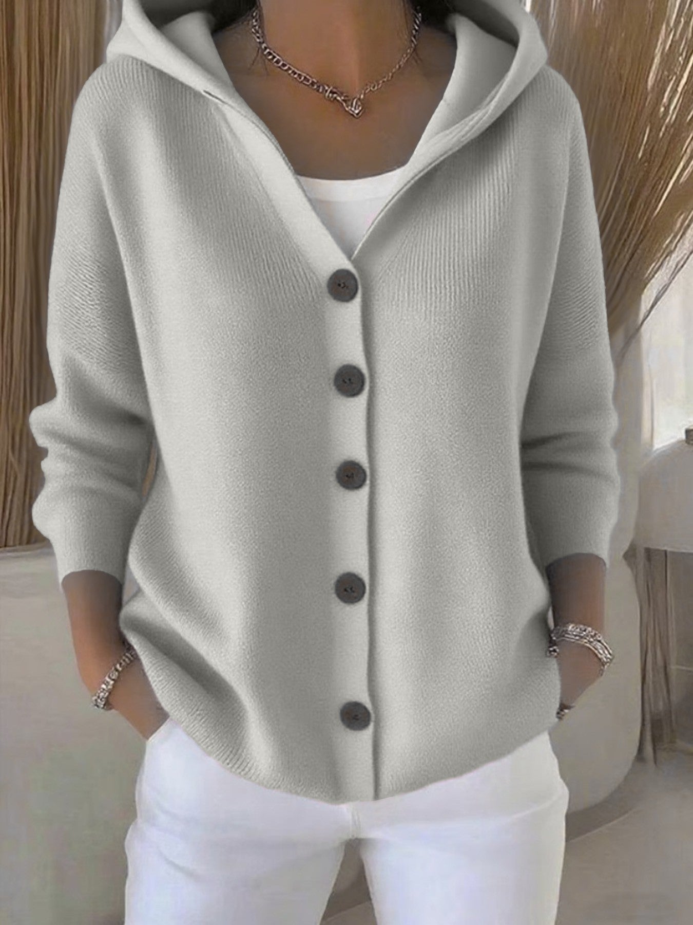 Suéter con capucha Ins Botón Moda Otoño e Invierno Cárdigan de punto Casual Commuter Top de Manga Larga Ropa de Mujer