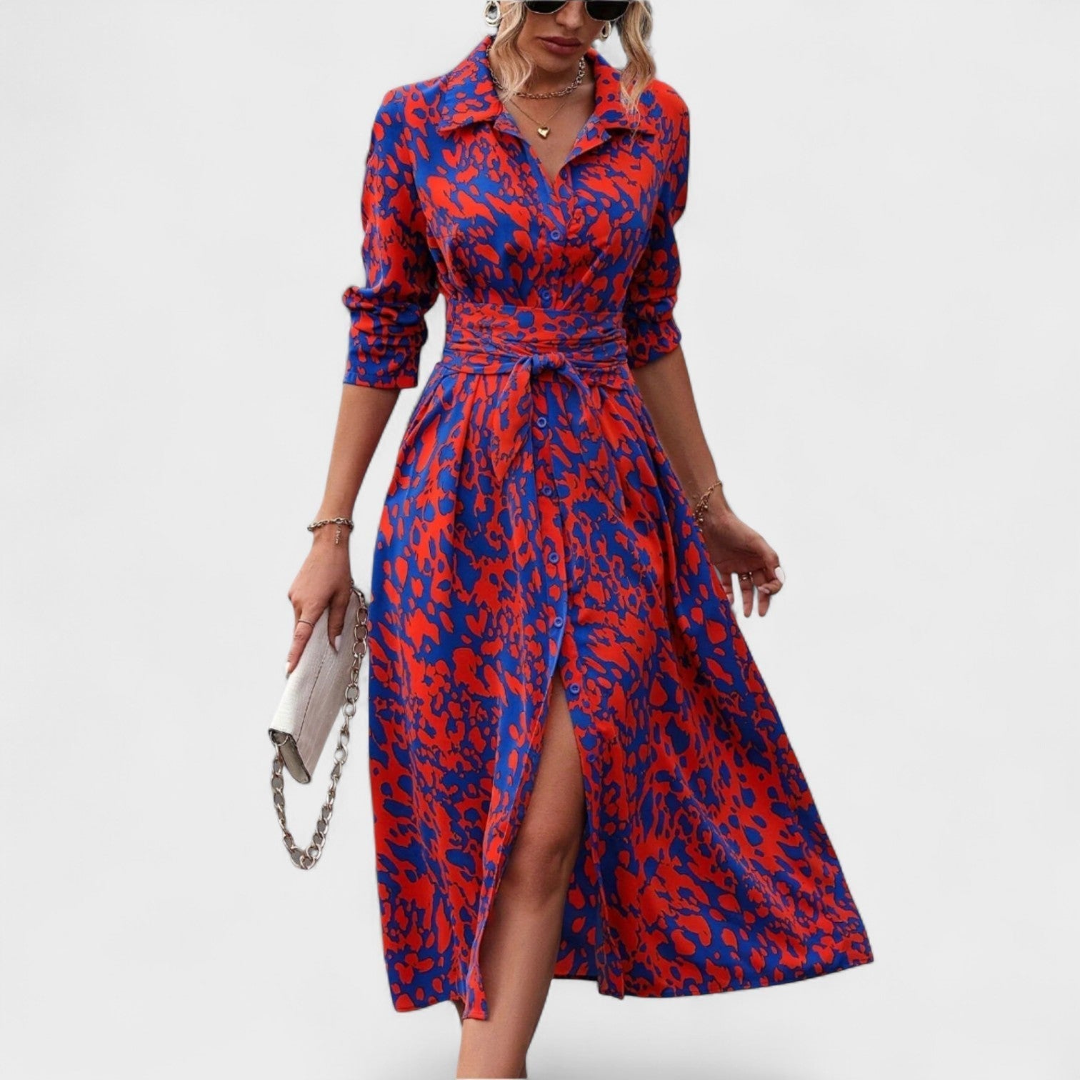 Vestido Bianca™ | Estilo Animal Print Azul y Rojo