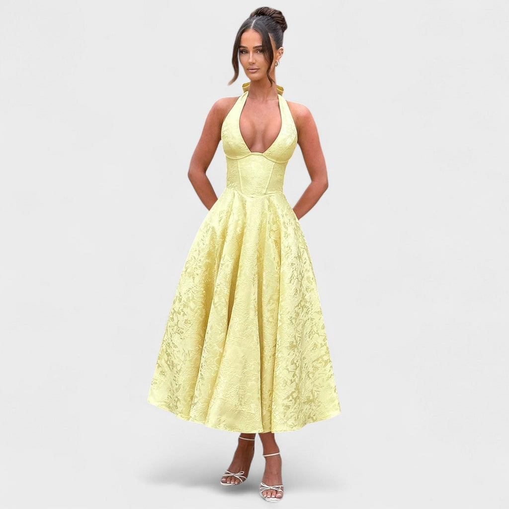Halina™ | Vestido midi con corsé y volantes