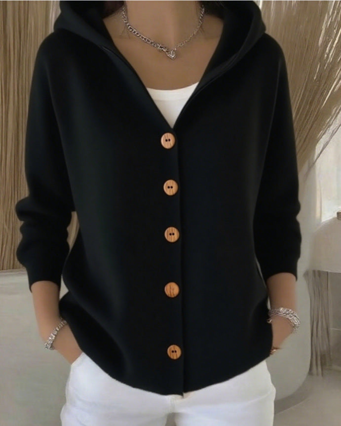Suéter con capucha Ins Botón Moda Otoño e Invierno Cárdigan de punto Casual Commuter Top de Manga Larga Ropa de Mujer