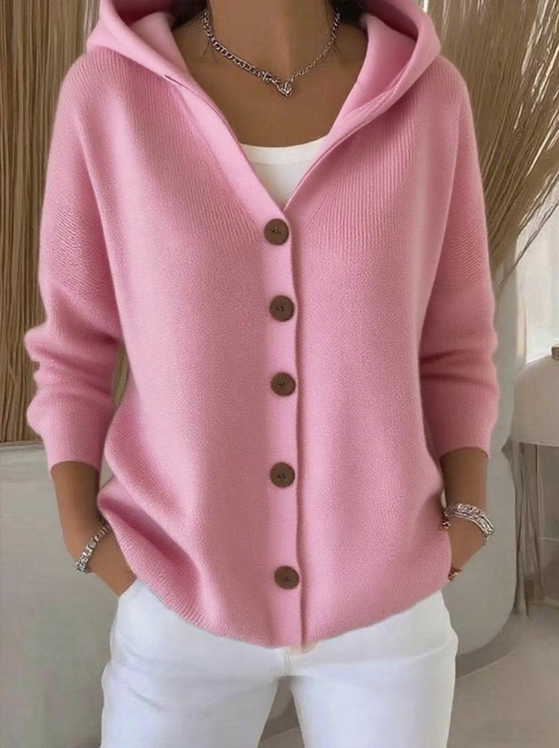 Suéter con capucha Ins Botón Moda Otoño e Invierno Cárdigan de punto Casual Commuter Top de Manga Larga Ropa de Mujer