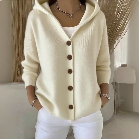 Suéter con capucha Ins Botón Moda Otoño e Invierno Cárdigan de punto Casual Commuter Top de Manga Larga Ropa de Mujer