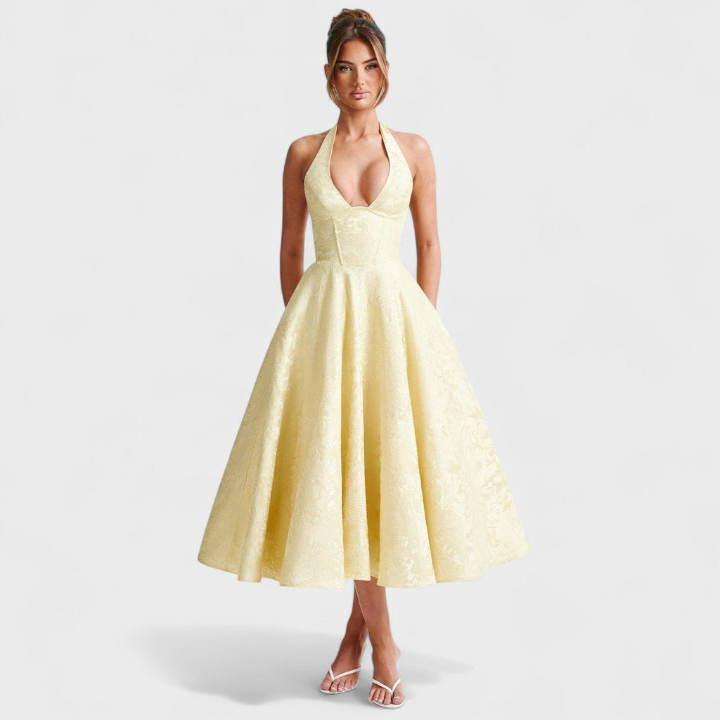 Halina™ | Vestido midi con corsé y volantes