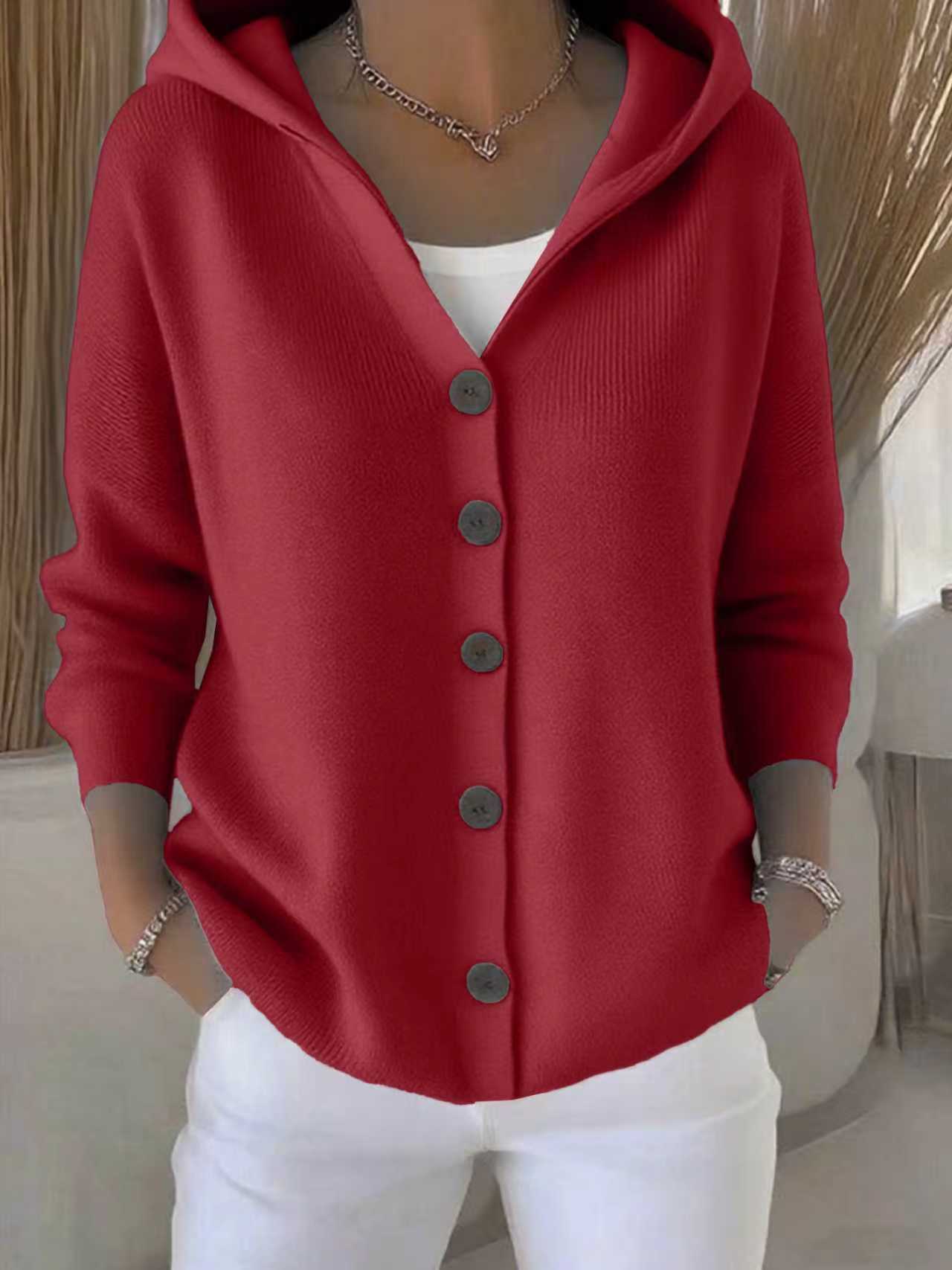 Suéter con capucha Ins Botón Moda Otoño e Invierno Cárdigan de punto Casual Commuter Top de Manga Larga Ropa de Mujer
