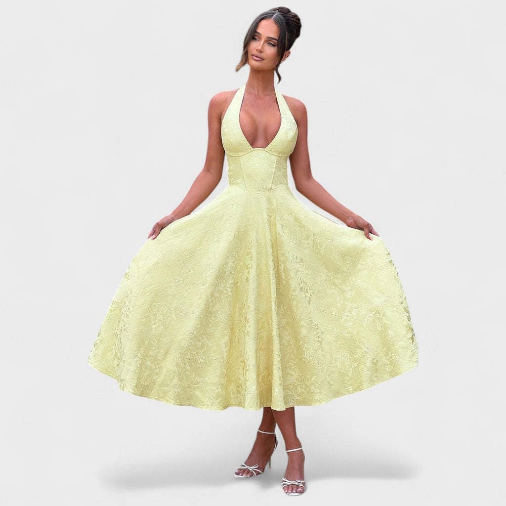 Halina™ | Vestido midi con corsé y volantes