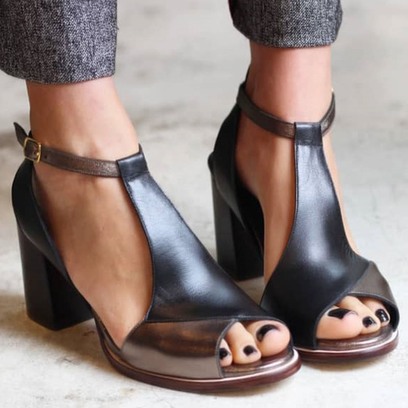 Nadaria™ | Sandalias negras con tacón alto y puntera abierta en patchwork