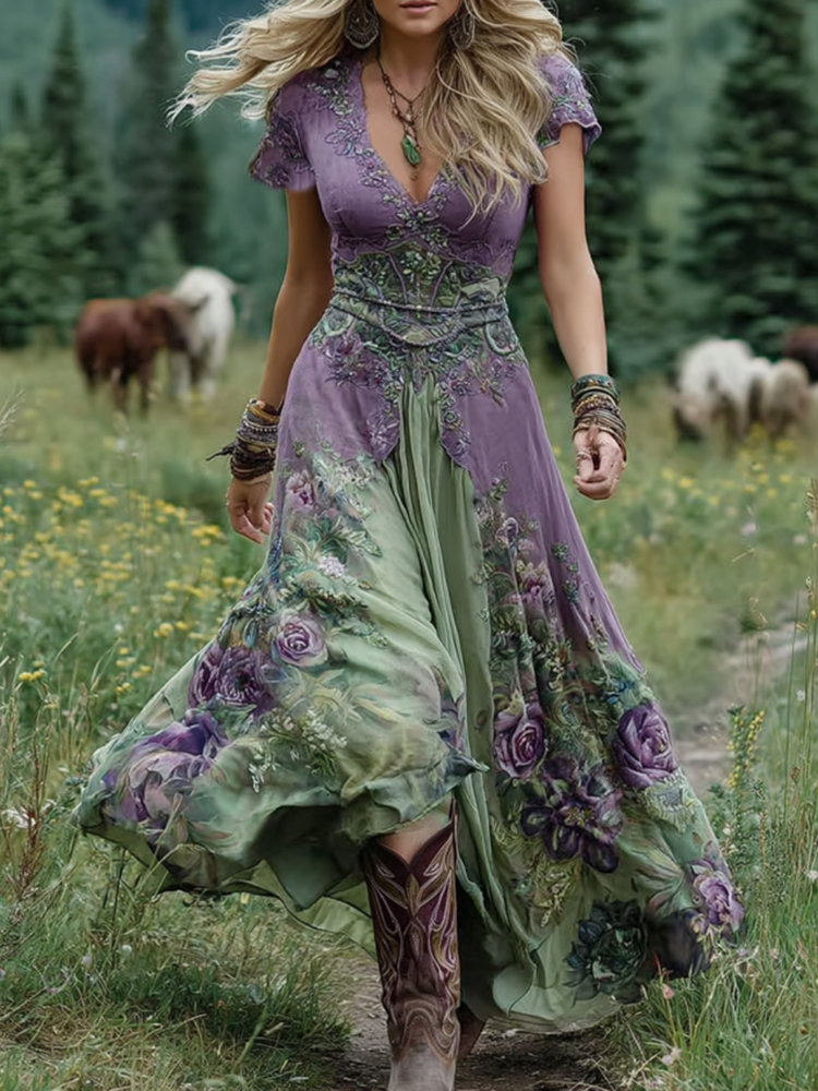 Serena™ | Vestido Maxi Corto Floral Lavanda con Toque Sofisticado