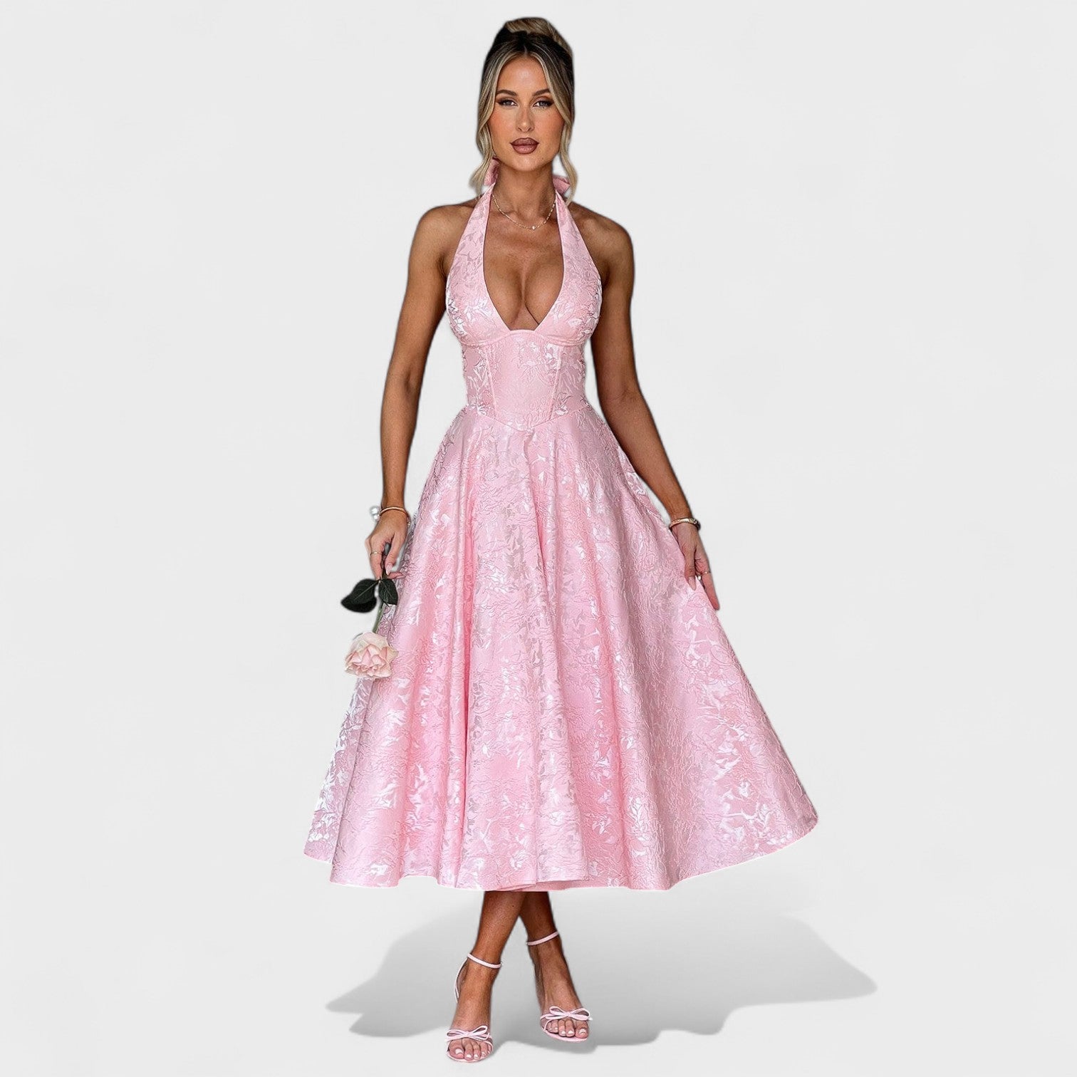 Effie™ | Vestido midi texturizado con escote en V