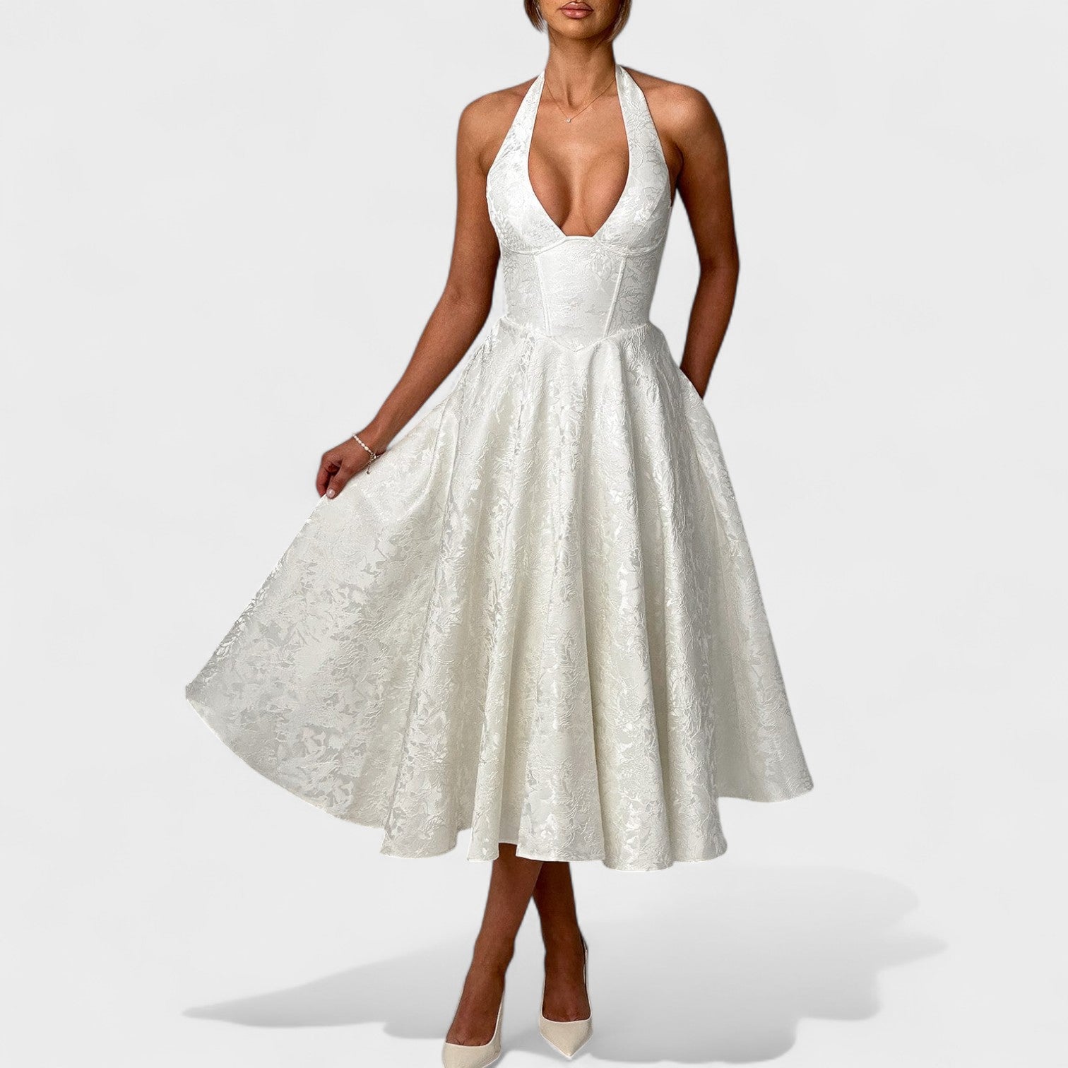 Effie™ | Vestido midi texturizado con escote en V