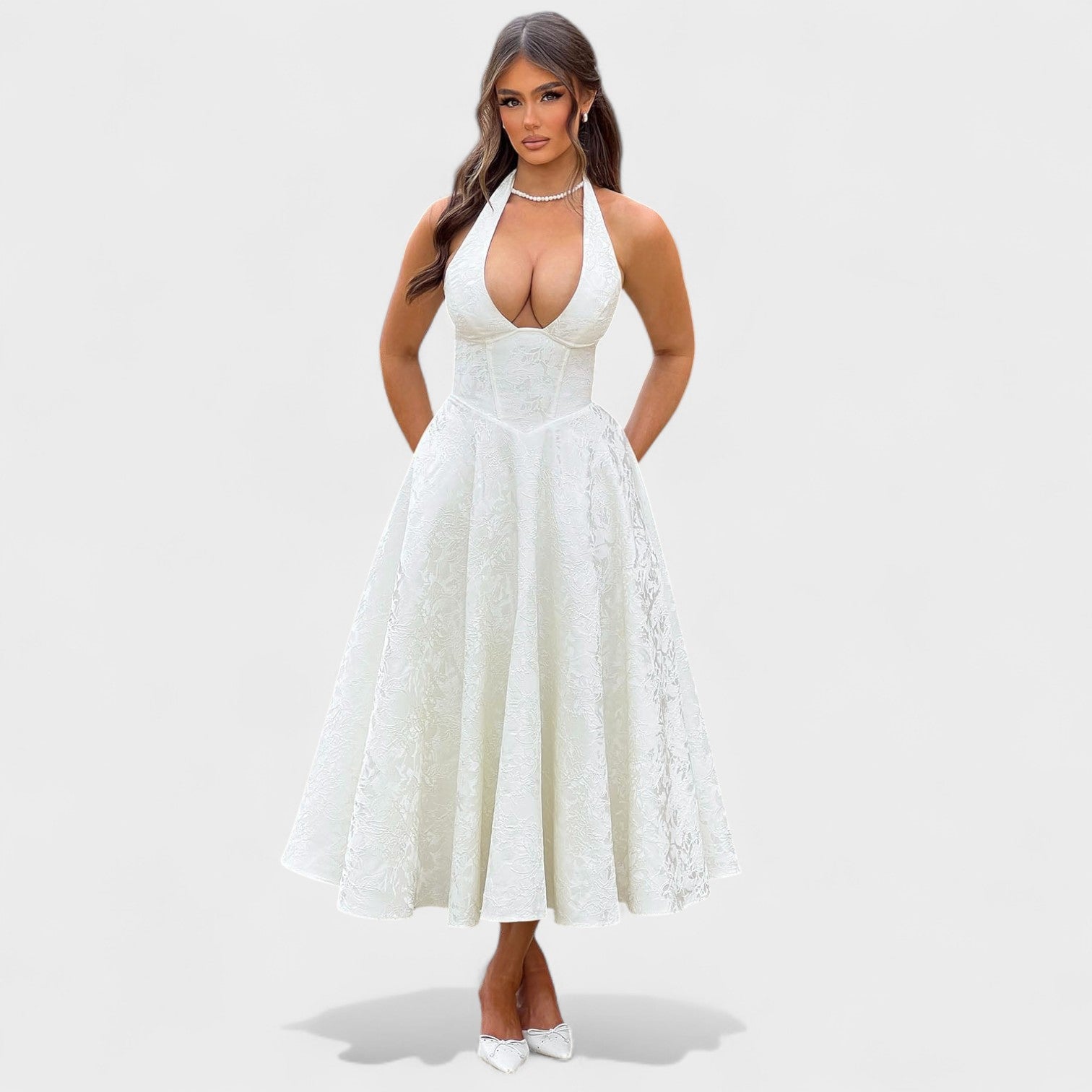 Effie™ | Vestido midi texturizado con escote en V