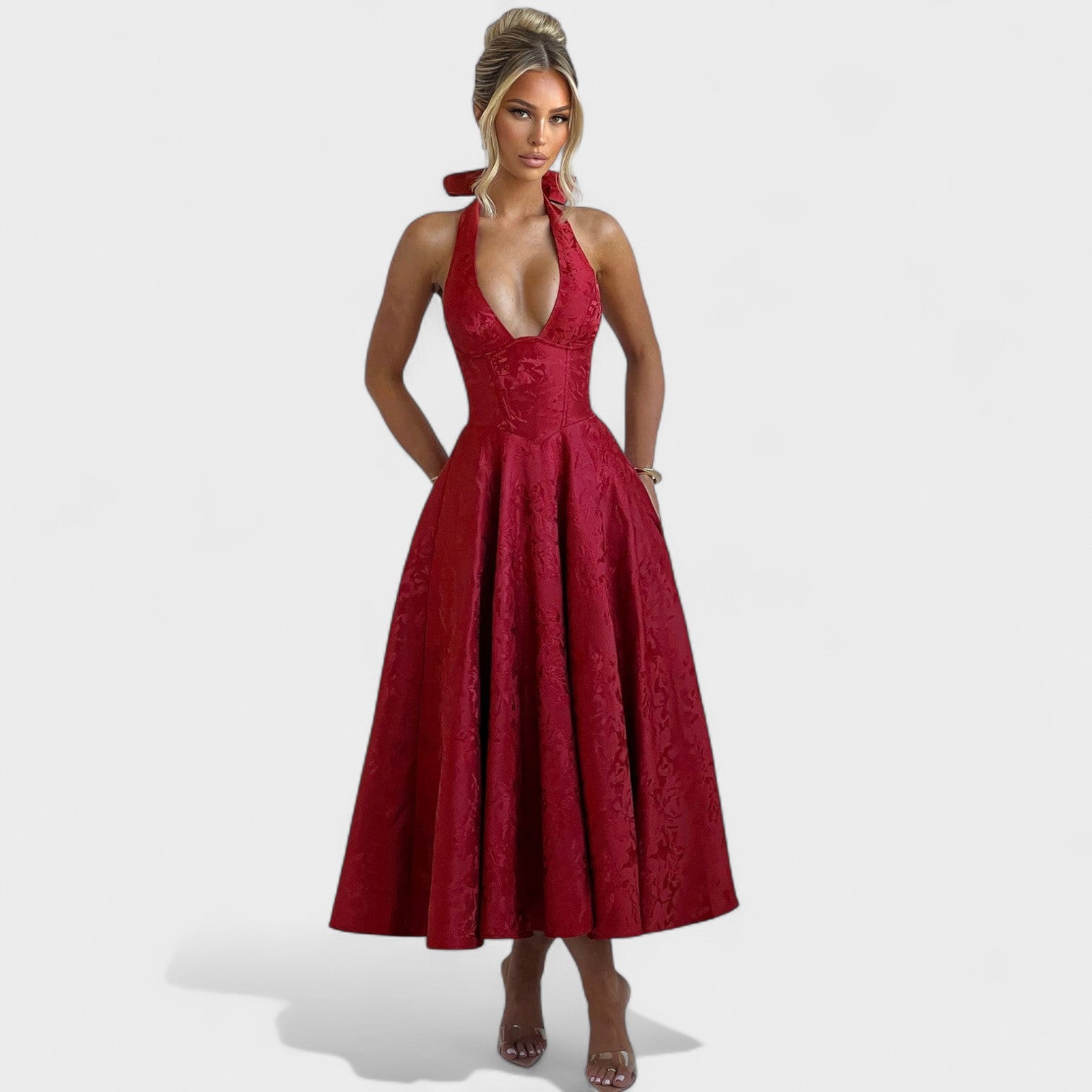 Effie™ | Vestido midi texturizado con escote en V