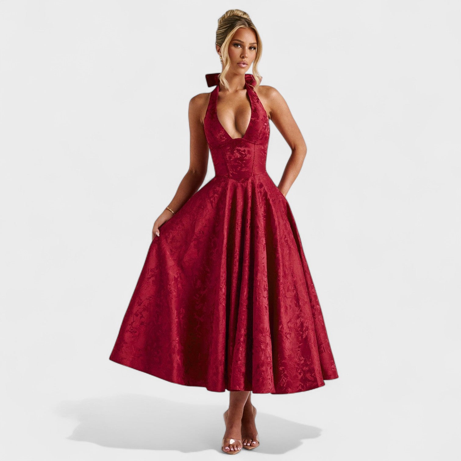 Effie™ | Vestido midi texturizado con escote en V