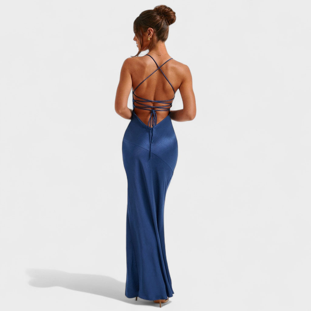 Elena™ | Vestido de satén cruzado azul medianoche