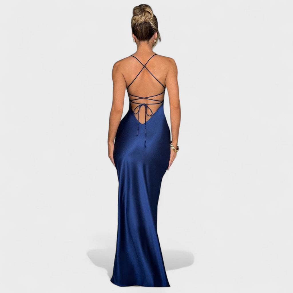 Elena™ | Vestido de satén cruzado azul medianoche