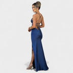 Elena™ | Vestido de satén cruzado azul medianoche