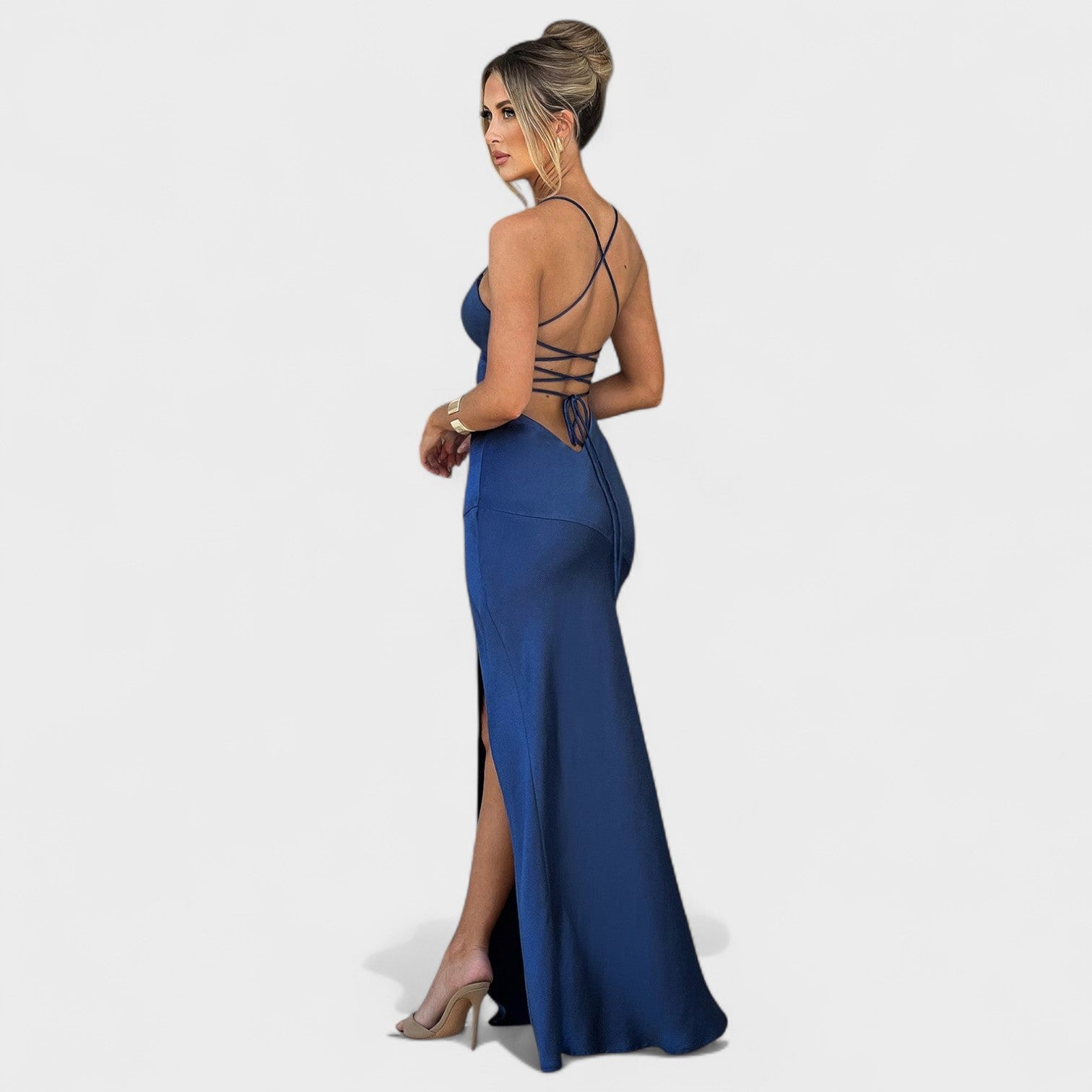 Elena™ | Vestido de satén cruzado azul medianoche