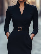 Iara™ | Vestido Ajustado Negro Refinado Con Cinturón