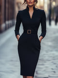 Iara™ | Vestido Ajustado Negro Refinado Con Cinturón